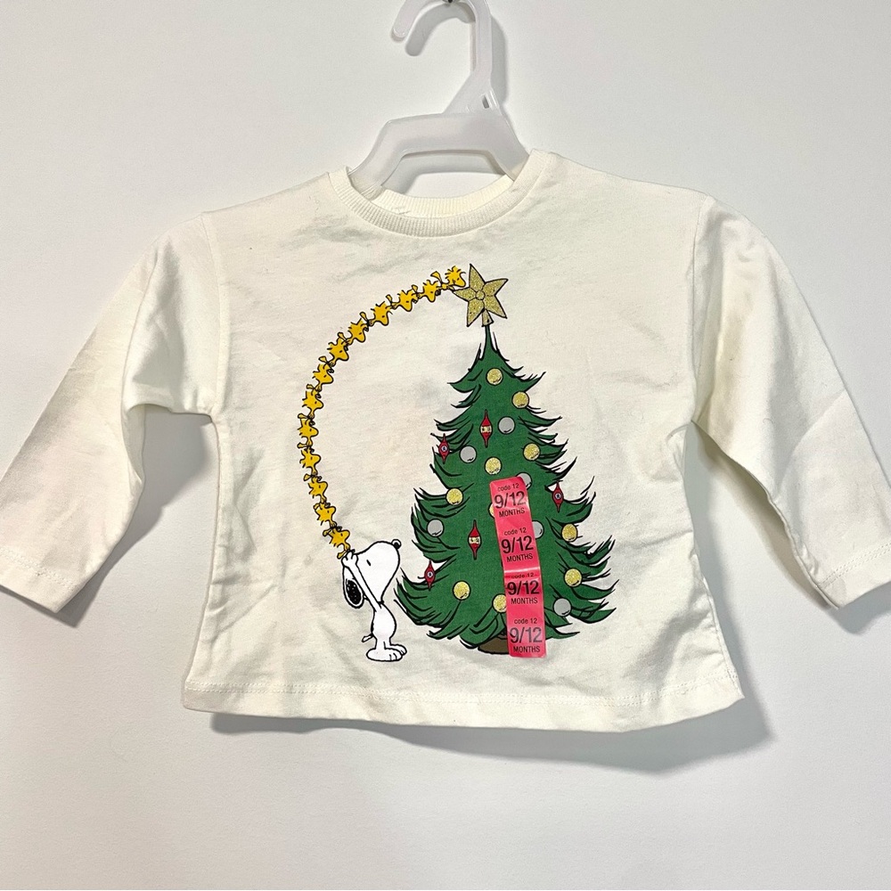 🟣2/$20 NEW Zara Peanuts Snoopy Christmas Long Sleeve Shirt (size 9-12M & 12/18M)